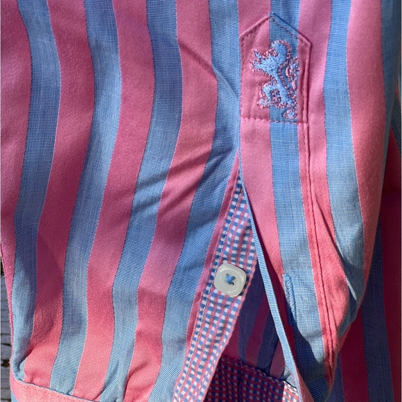 Bugatchi Shaped Fit Button-Down Shirt Large Pink Blue Striped - Picture 3 of 4